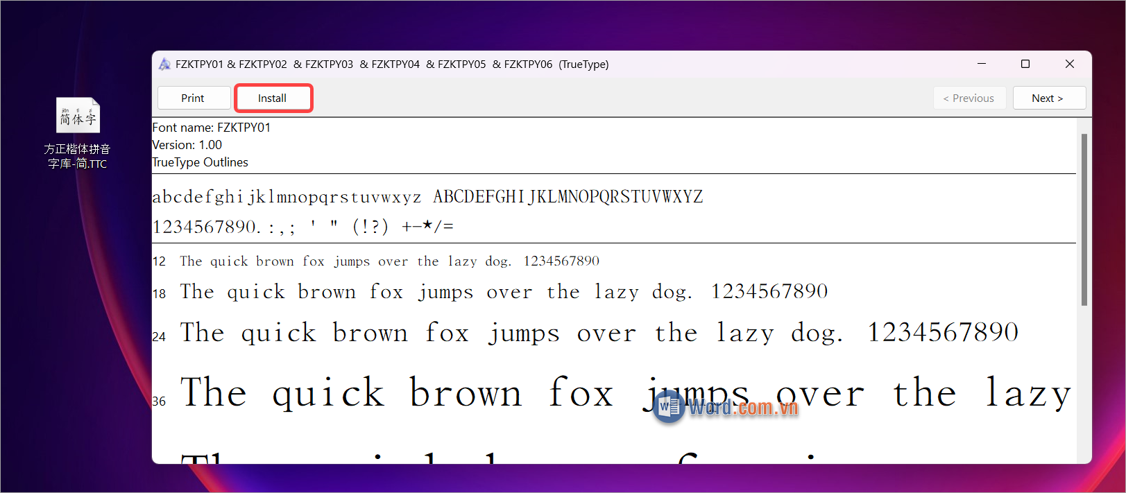 Tải font chữ tiếng Trung hỗ trợ Pinyin và chọn Install để cài đặt