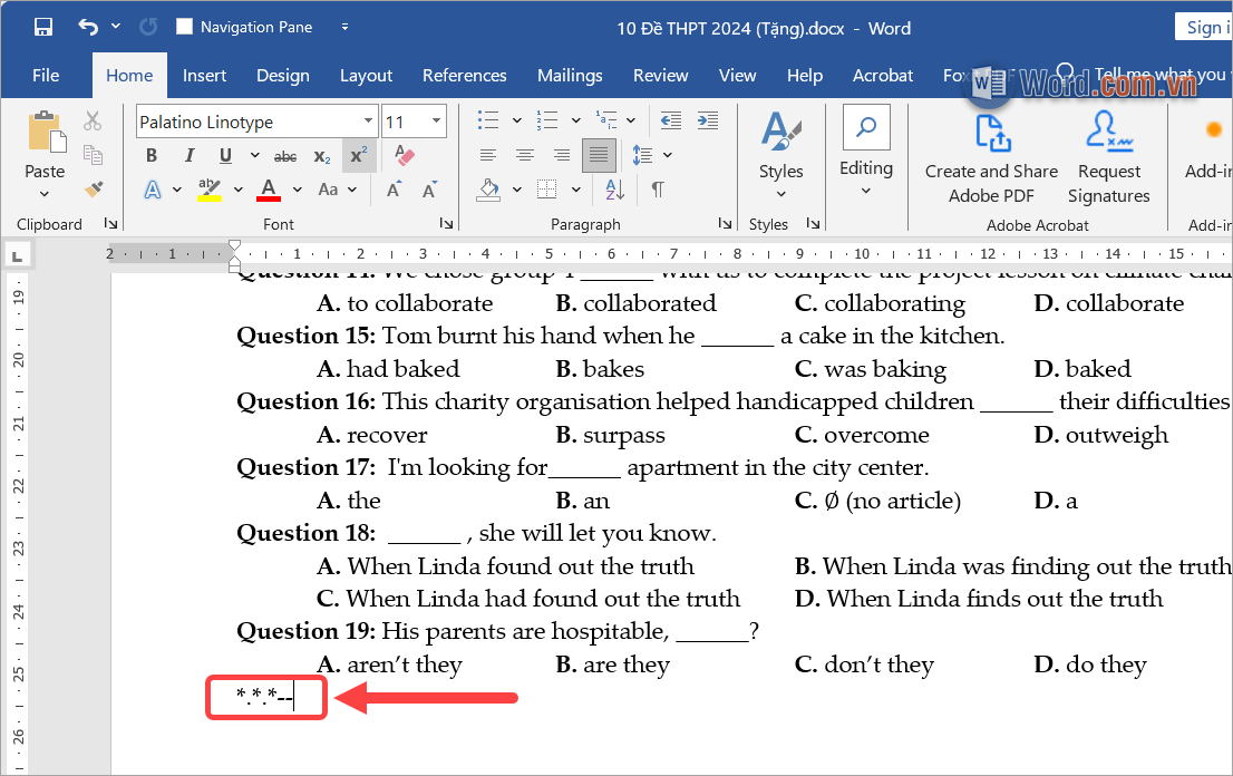 Thêm cụm ký tự vào vị trí đầu và cuối trang cần tách riêng Word