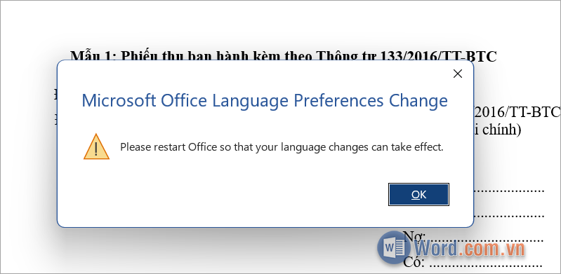 Thêm ngôn ngữ vào Word, bạn sẽ nhận được thông báo yêu cầu khởi động lại
