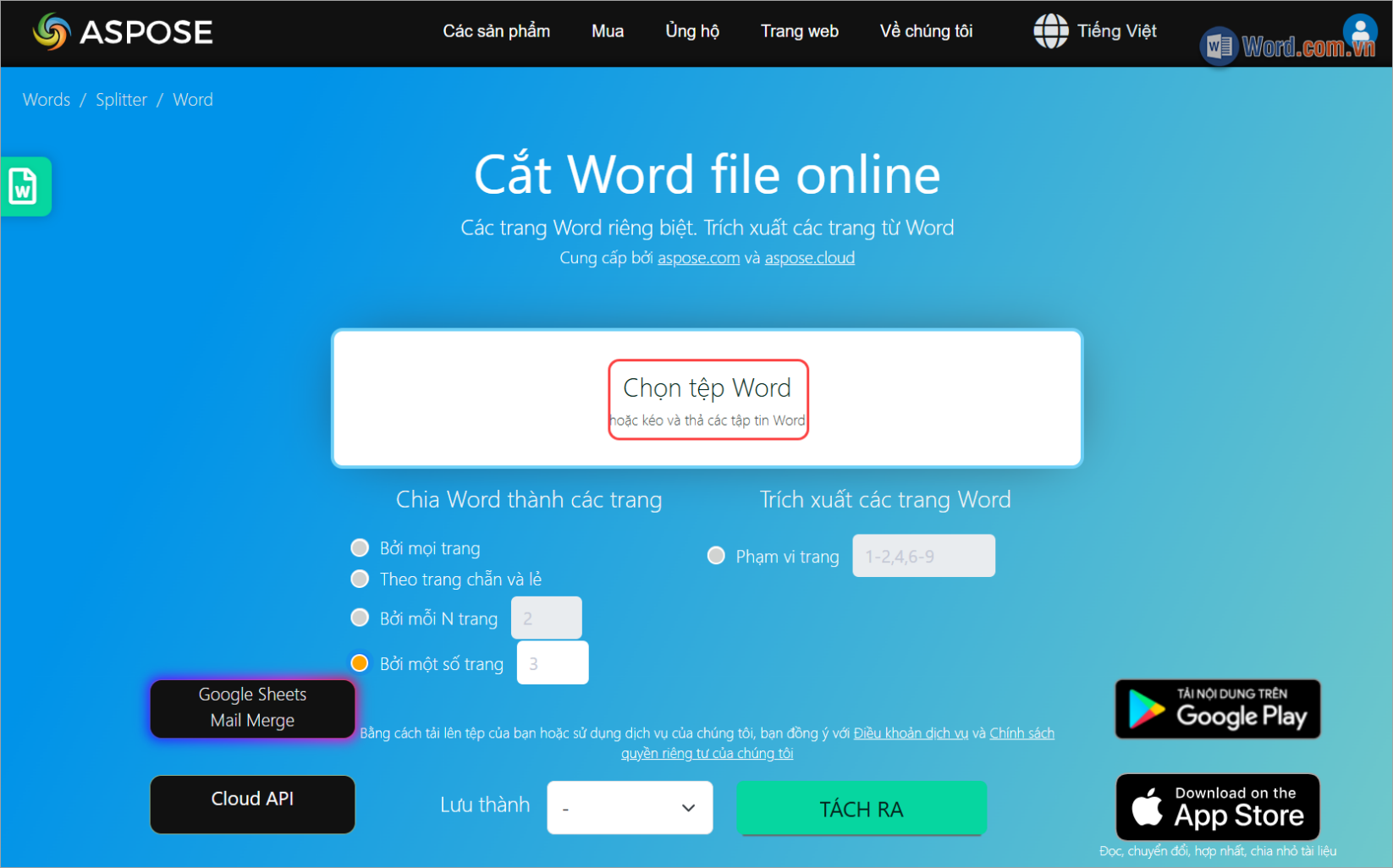 Truy cập Aspose và click Chọn tệp Word