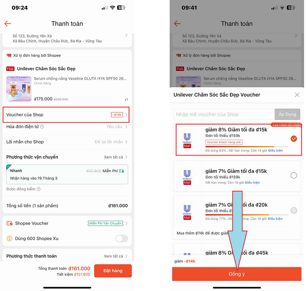Bấm chọn vào mục Voucher của Shop để chọn mã giảm giá của Shop